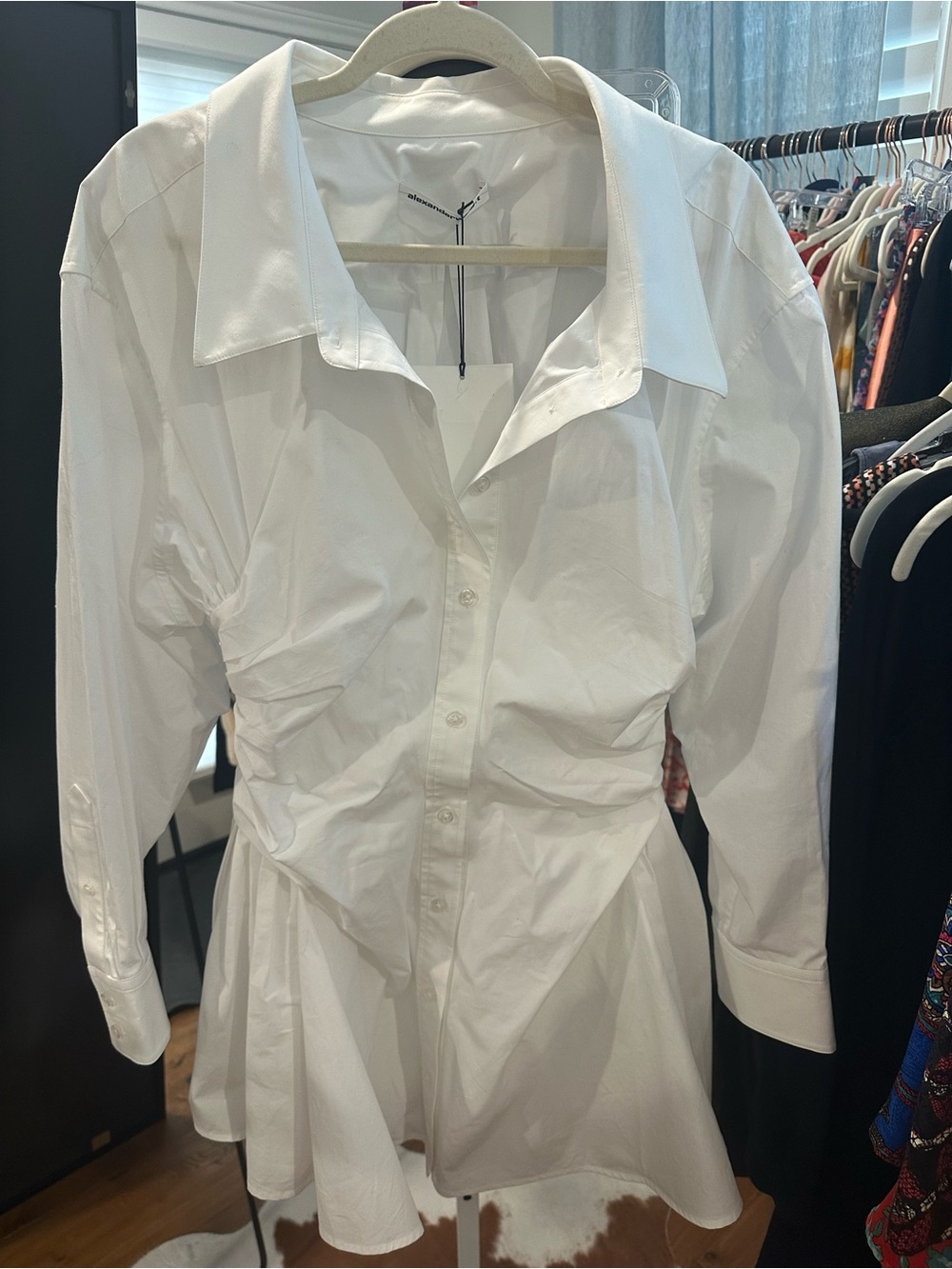 NWT Alexander Wang crisp white shirt dress with ruching at the waist
